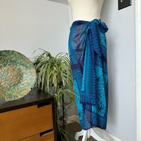 Venezia Scarf Sarong Coverup in Blue Green Sea Themed Print Lightweight 62x43 - Picture 6 of 7